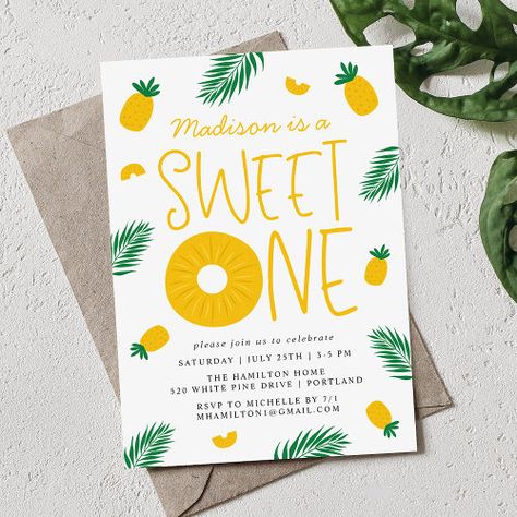 Sweet One Pineapple 1St Birthday Party Invitation #zazzle #weddinginvitations #birthdayinvitations #babyshowerinvitations #zazzleinvitations #monogram #businesscards #graduation #homedecor Sweet One Birthday Theme, Summer Birthday Themes, Pineapple Ring, Pineapple Birthday Party, Summer Birthday Invitations, Pineapple Birthday, 1st Birthday Party Invitations, 2nd Birthday Party, Pineapple Slices