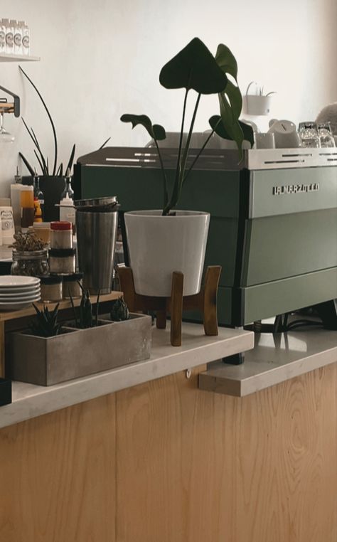 Coffee Machines Aesthetic, Green Espresso Machine, Green Coffee Shop Aesthetic, Aesthetic Coffee Shop Pictures, Coffee Bar Minimalist, Coffee Machine Aesthetic, Mexican Cafe, Lounge Cafe, Barber Shop Interior