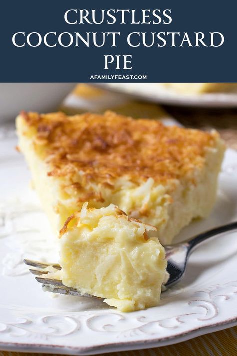 This delicious Crustless Coconut Custard Pie comes together in just minutes! Mix up the batter in a blender, then bake! Crustless Coconut Pie Recipe, Crustless Custard Pie, Crustless Custard, Custard Pie Recipe Easy, Impossible Coconut Pie, Crustless Pie, Jiggly Cheesecake, French Coconut Pie, Coconut Pie Recipe