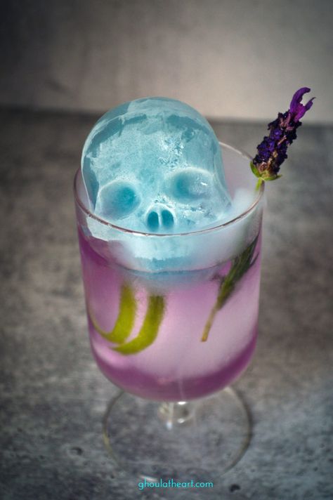 Grim and Tonic - Ghoul at Heart Lavender Gin, The Grimm, Sphere Ice, Tonic Recipe, Halloween Cocktails, Butterfly Pea, Halloween Dinner, Halloween Drinks, Theme Halloween