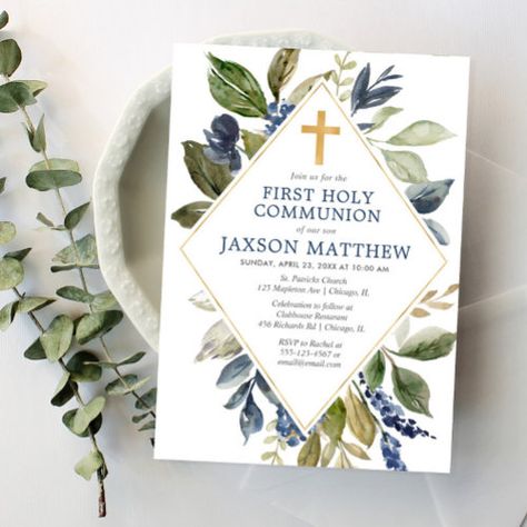 $2.95 | Blue green foliage boy first holy communion #navy blue, floral watercolors, summer spring, boho bohemian, elegant, blue green foliage, blue green gold, boy first holy communion, boy 1st holy communion, greenery Boy Communion Cake, Communion Invitations Boy, Gift Ideas To Buy, Bridal Shower Brunch Invitations, First Communion Cakes, Boys First Communion, Photo Guest Book Wedding, First Communion Decorations, Communion Decorations