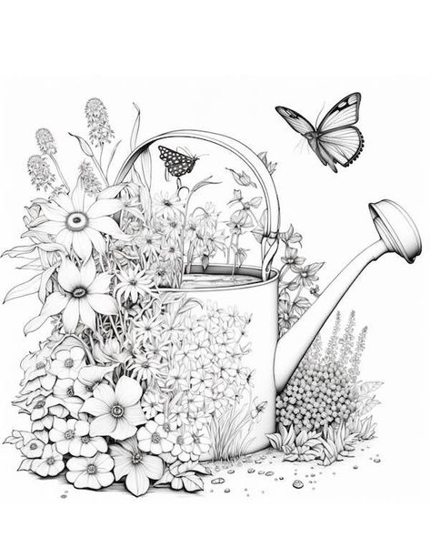 Water Coloring Pages Free Printable, Flower Colouring In Pages, Wildflower Coloring Pages, Flower Landscape Drawing, Printable Adult Coloring Pages Flowers, Coloring Pages Free Printable Adult, Watering Can Drawing, Gardening Coloring Pages, Watering Can Tattoo