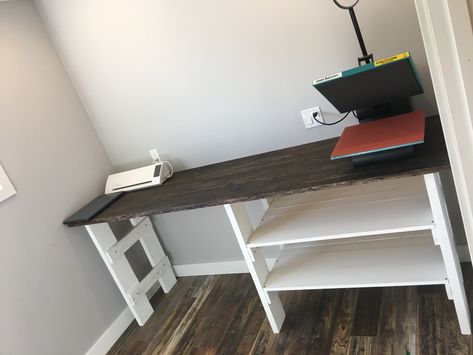 Craft table made with rough cut lumber.  Silhouette and heat press fit perfectly Craft Tables With Storage, Rough Cut Lumber, Craft Table Diy, Small Craft Rooms, Dream Craft Room, Craft Room Design, Table Office, Ideas Craft, Office Crafts