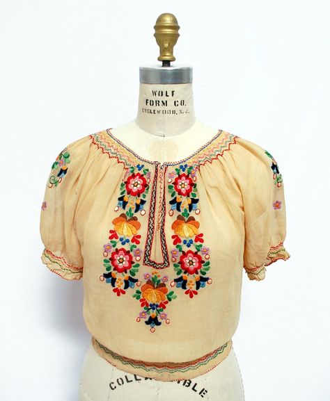 Vintage peasant blouse~Image via Wearing History Hungary Embroidery, Vintage Peasant Blouse, Mexican Peasant Blouse, No Patience, Blouse Images, Blouses Vintage, Hungarian Embroidery, Folk Clothing, 1930s Fashion