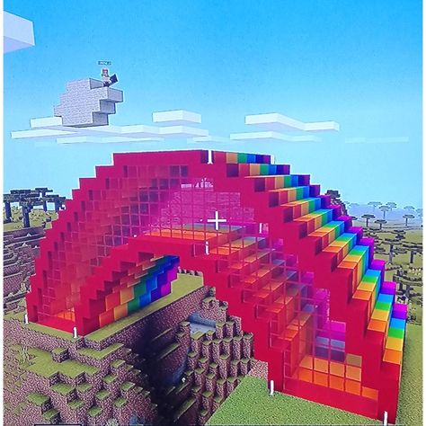 Designed a rainbow house on minecraft with my sister. Complete with a 'secret' entrance in the floor! Now, where's that pot of gold... 🤔 Pride Minecraft Builds, Minecraft Rainbow House, Rainbow Minecraft Builds, Minecraft Rainbow Builds, Disney Minecraft Builds, Minecraft Entrance Ideas, Cute Things To Build In Minecraft, Minecraft Sky, Rainbow Minecraft