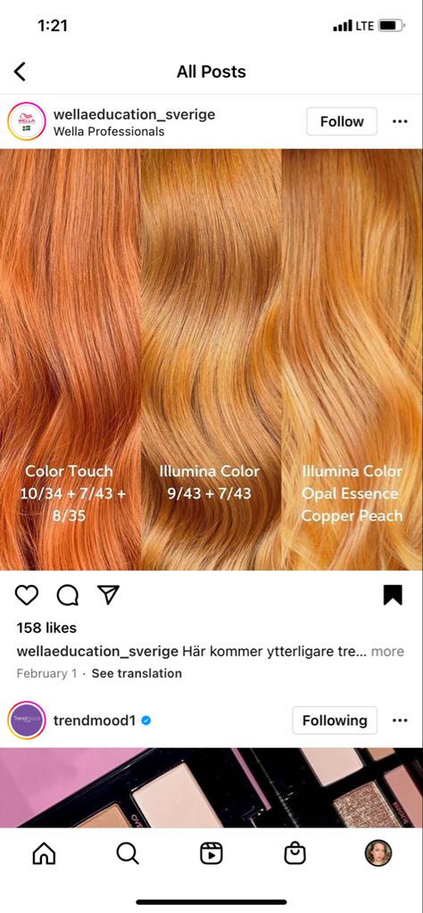 Ginger Hair Gloss, Apricot Hair Color Copper, Papaya Hair Color, Orange Hair Formula, Ginger Hair Wella Formula, Copper Blonde Hair Formula, Copper Penny Hair Color, Wella Strawberry Blonde Formula, Ginger Hair Formula