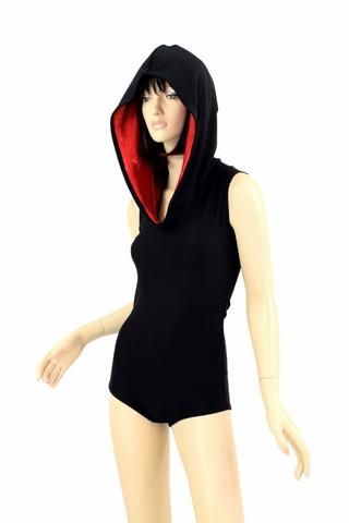 Black Romper with Red Hood Lining - Coquetry Clothing Hoodie Romper, Hoodie Diy, Spandex Dress, Sleeveless Hoodie, Diy Metal, Black Romper, Performance Outfit, Diy Costumes, Catsuit