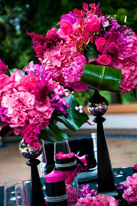 Gorgeous pink + black Black Flower Arrangements, 20th Birthday Dinner, Fuschia Wedding, Pink And Black Wedding, Purple Centerpieces, Violet Wedding, Gold Centerpieces, Hot Pink Floral, Flower Collage