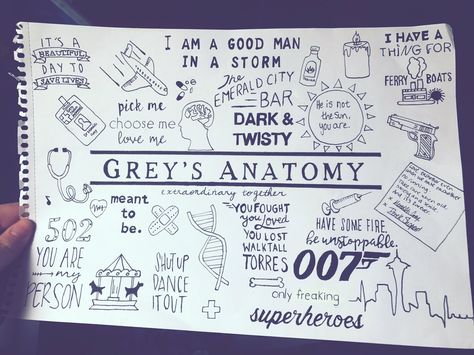 Greys Anatomy Book, Greys Anatomy Sweatshirt, Greys Anatomy Facts, Greys Anatomy Funny, Decorações Com Comidas, Bullet Journal Mood Tracker Ideas, Doodle Pages, Grey Anatomy Quotes, Drawing Journal