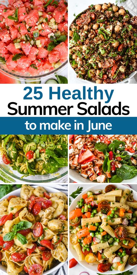 25 light & healthy salads for dinner or lunch! Entree salads are a delicious choice that gives you a nutritious meal full of fresh veggies, lean protein, and a whole lot of flavor! Try some of my favorites like Strawberry Goat Cheese Salad, Quinoa Detox Salad, Gluten Free Pasta Salad, or Tuna Salad with Greek Yogurt. Lots of recipes to meal prep for the week ahead or to make for an easy weeknight dinner. Healthy Chef Salad, Salads For One, Summer Lunch Salads, Easy Vegetarian Summer Dinners, Cold Salad Recipes Healthy, Healthy Salads For Dinner, No Lettuce Salad Recipes, Easy Lunch Salads, Tuna Salad With Greek Yogurt