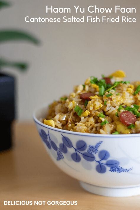 You've probably had fried rice before, but have you had salted fish fried rice? This version is deliciously savory from the salted fish (haam yu) and fatty sausage (lap cheong). #chinese #asian #cantonese #fried rice Cantonese Fried Rice, Fish Fried Rice, Salt Fish Recipe, Egg Fried Rice Recipe, Lap Cheong, Fish Fried, Sweet Potato Gratin, Creamed Kale, Salted Fish