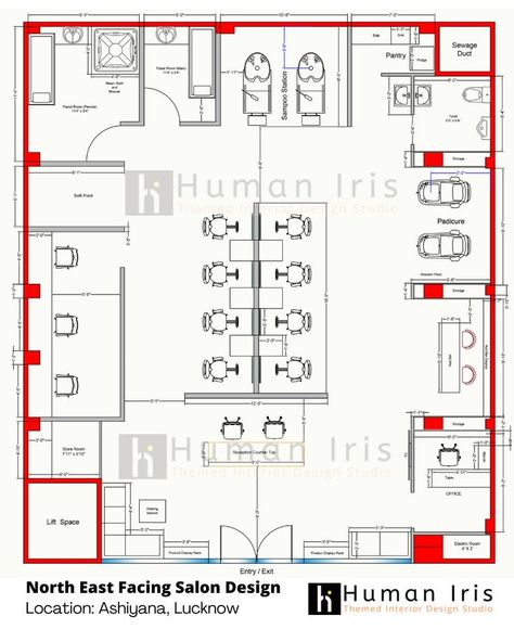 Check out the Salon detailed layout plan and sectional elevation design. The total approx. area of salon is 1750 Sqft. Beauty Salon Floor Plan, Salon Layout Ideas Floor Plans, Small Salon Designs Layout, Salon Floor Plan, Small Salon Designs, Lobby Plan, Sectional Elevation, Salon Layout, Autocad Layout