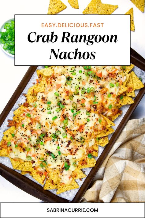 Chi Chi Seafood Nachos, Crab Rangoon Flatbread, Crab Rangoon Nachos Recipe, Crab Nachos Recipe, Unique Nachos, Crab Rangoon Nachos, Seafood Nachos Recipe, Crab Nachos, Girls Night Snacks