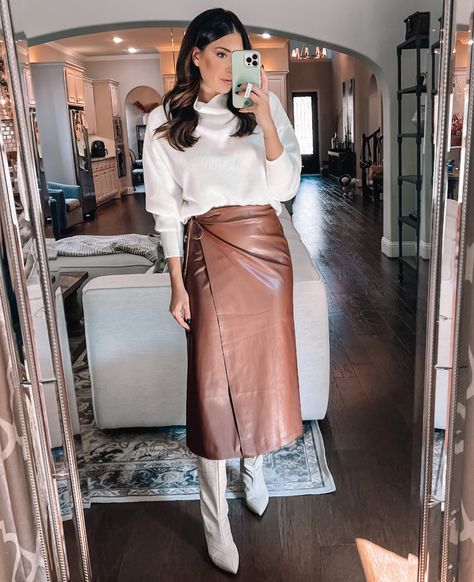 Leather Wrap Midi Skirt Outfit, Tan Leather Midi Skirt Outfit, Brown Leather Midi Skirt, Leather Wrap Skirt Outfits, Tan Leather Skirt Outfit Winter, Leather Skirt Business Outfit, Faux Leather Midi Skirt Outfits, Dark Brown Leather Skirt Outfit, Brown Faux Leather Skirt Outfit