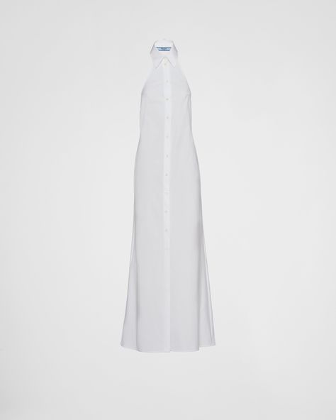 White Long Poplin Shirt-dress | PRADA Halter Neck Shirt, Designer Pajamas, Halter Shirt, Poplin Shirt Dress, Prada Dress, Ribbed Tank Dress, Nylon Dress, Style Evolution, Sleeveless Shirt Dress