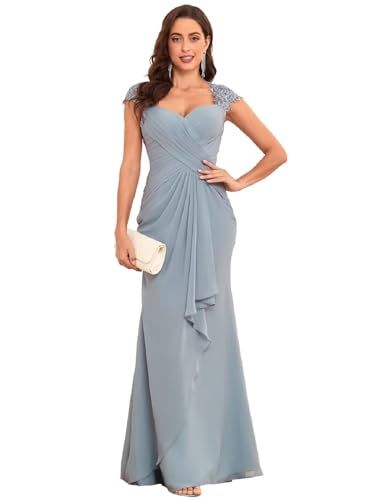 Mermaid Mother of The Bride Dresses for Wedding Cap Sleeves Chiffon Ruffle Long Formal Evening Gowns Guest Gown For Wedding, Formal Dress For Large Stomach, Best Bridesmaid Dresses For Plus Size, Formal Wedding Guest Dress Classy, Sister Of Bride Dress, Mom Dress For Wedding Mothers Gowns, Mother Of The Groom Dresses Summer, Mothers Wedding Dresses, Silver Formal Dress