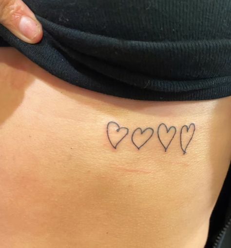 Family Hearts Tattoo On Ribs, Hearts From Family Tattoo, Hearts On Ribs Tattoo, Hand Drawn Heart Tattoo Placement, Family Heart Tattoos Placement, Handwriting Heart Tattoo, Heart Tattoo Ribcage, Family Hearts Tattoo, Small Family Tattoos For Women