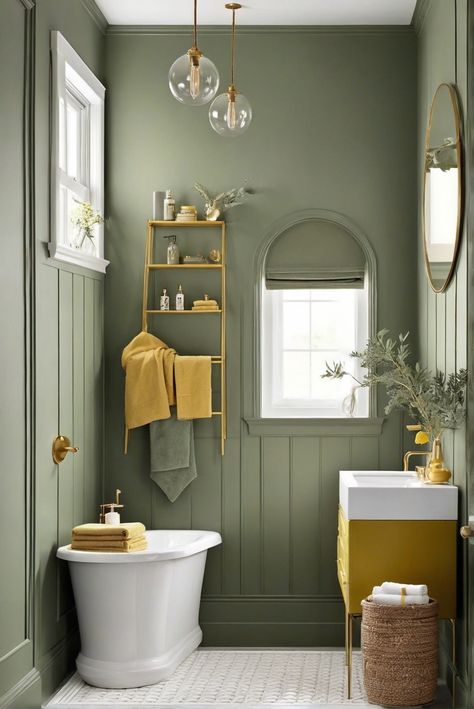 Are Sage Green and Mustard Yellow the Hot Trends? Dive into the Bathroom Escapade [2024] #Ad #homedecor #homedesign #fixhome #Painthome #interiorarchitecture Cloakroom Colour Ideas, Yellow And Wood Bathroom, Green And Yellow Bathroom Ideas, Green And Yellow Bathroom Decor, Mustard And Green Bathroom, Olive And Gold Bathroom, Green And Yellow Interior Design, Sage Green And Yellow Bathroom, Green Paint In Bathroom