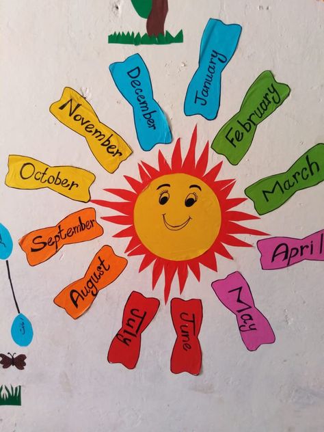 #sun #monthsnames #monthsinayear #kidsclassroom #classdecoration #englishwall Month Of The Year Chart For Preschool, Months Of The Year Chart Ideas, Ukg Class Decoration Ideas, Chart Making Ideas Creative, Nursery Class Decoration, Sequencing Activities Kindergarten, Teaching Learning Material, School Board Decoration, School Art Activities