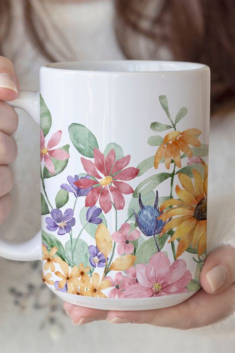 Watercolor Floral Mug, Boho Wildflowers Coffee Mug, Sunflower Watercolor Mug Watercolor Mug, Sunflower Watercolor, Watercolor Sunflowers, Beautiful Mugs, Unique Mugs, Painted Clay Pots, Painted Clay, Table Ware, Cerámica Ideas