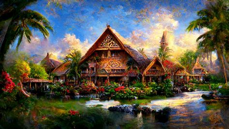 Polynesian Fantasy Art, Polynesian Character Art, Polynesian Character Design, Polynesian House, Minecraft Civilization, Polynesian Architecture, Polynesian Aesthetic, Jungle Village, Polynesian Village