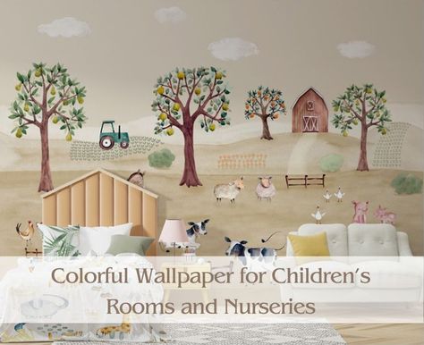 Colorful Wallpaper: Brighten Up Your Kids' Rooms & Nurseries Farm Animal Wallpaper, Wallpaper For Kids Room, The Barnyard, Farm Scene, Kids Room Wallpaper, Top Background, Cover Background, Nursery Wallpaper, Country Charm