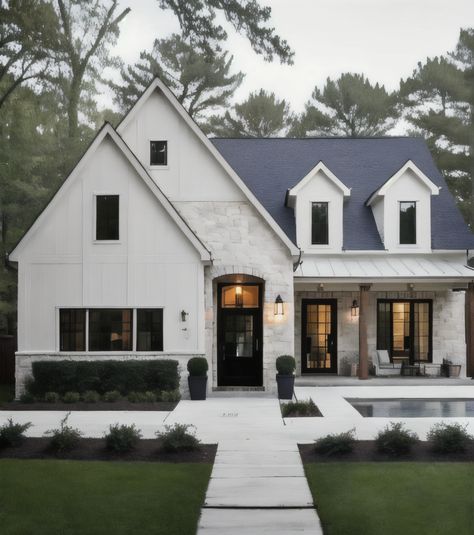 Charming renovated home blending modern & colonial styles, perfect for a balanced lifestyle. White Window Exterior House, White House With Wood Pillars, White House With Black Shutters, Dream Home Modern, White House Black Trim, Wood Pillars, Home Designs Exterior, Black Shutters, Modern Colonial