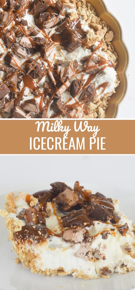 Milky Way Ice Cream Pie - Recipe Diaries #icecream12 #pies #sweets #dessert #dessertrecipes Milky Way Dessert, Milky Way Ice Cream, Recipe Diaries, Ice Cream Pie Recipe, Ice Cream Pie, Cream Pie Recipes, Ice Cream Pies, Ice Cream Desserts, Frozen Desserts