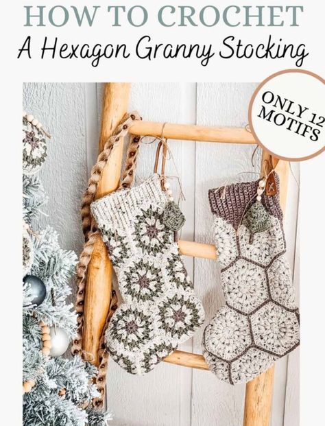 Crochet a Granny Hexagon Stocking Crochet Stocking Pattern Free, Crochet Stocking Pattern, Granny Square Stocking, Stocking Pattern Free, Granny Hexagon, Hexagon Crochet Pattern, Crochet Christmas Stocking Pattern, Crochet Stocking, Crochet Christmas Stocking