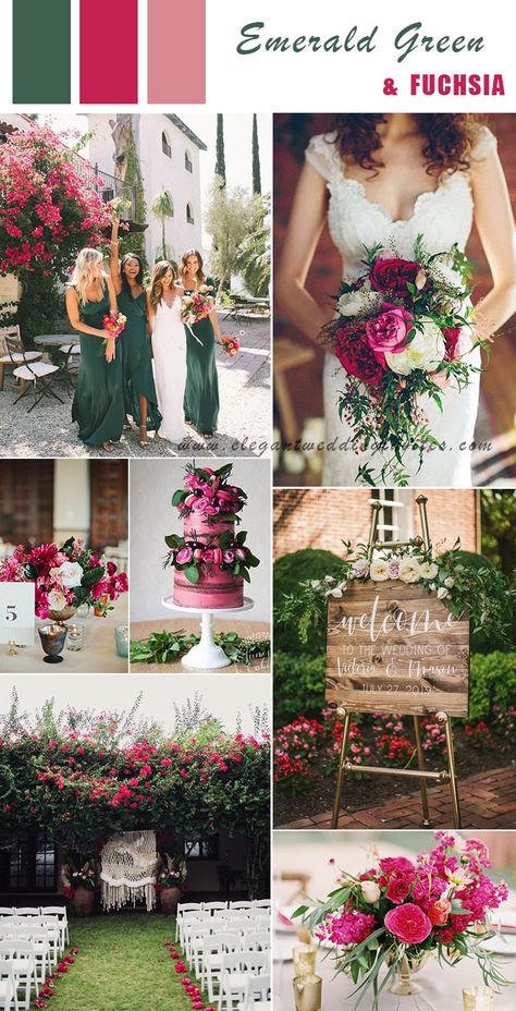 Emerald Wedding Colors, Wedding Color Schemes Summer, Wedding Theme Color Schemes, Magenta Wedding, Bright Wedding Colors, Pink Wedding Colors, Green Weddings, Wedding Color Pallet, Wedding Color Ideas