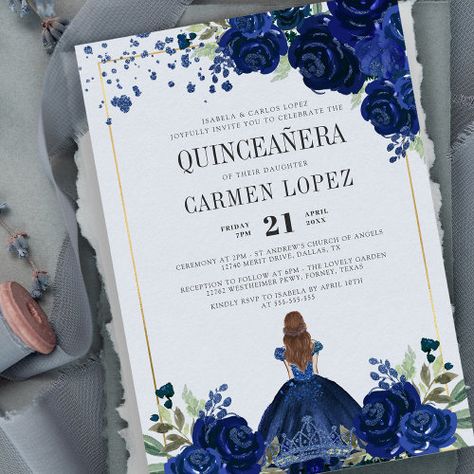 $2.92 | Floral Royal Blue Dress Budget Quinceanera #budget quinceañera invitation, quinceanera, royal blue, navy blue, floral, princess dress gown, quince invitation, glam glitter sparkle, modern elegant girly feminine chic, sweet 15 15th birthday invitation Quinceanera Royal Blue, Budget Quinceanera, Floral Princess Dress, Royal Blue Quince, Invitation Quinceanera, Quinceañera Invitations, Birthday Prayer, Quince Invitations, Blue Quince