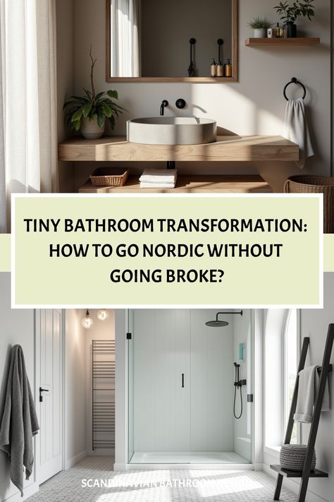 Small Scandinavian bathroom with large window and minimalist fixtures Nordic Bathroom Scandinavian Style, Bathroom Design On A Budget, Small Bathroom On A Budget, Scandinavian Bathroom Design Ideas, Wooden Vanity Unit, Scandinavian Bathroom Design, Bathroom On A Budget, Minimalist Vanity, Nordic Aesthetic