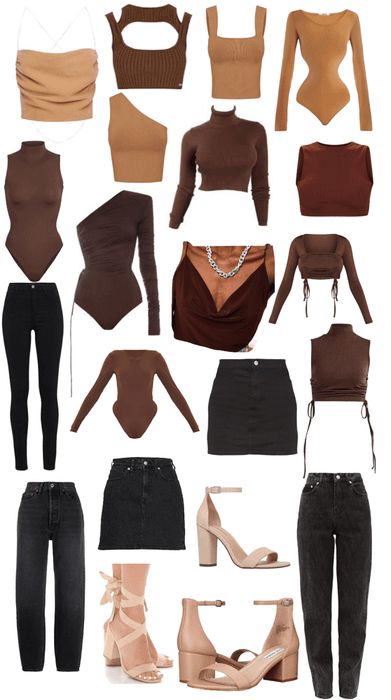 Tan Outfits For Women Summer, Brown Aesthetic Outfit Ideas, Shades Of Brown Outfits For Black Women, Nude Clothes Aesthetic, Nude Summer Outfit, Nude Shirt Outfit, Nude And Black Outfit, Brown And Tan Outfits, Nude Outfits For Black Women