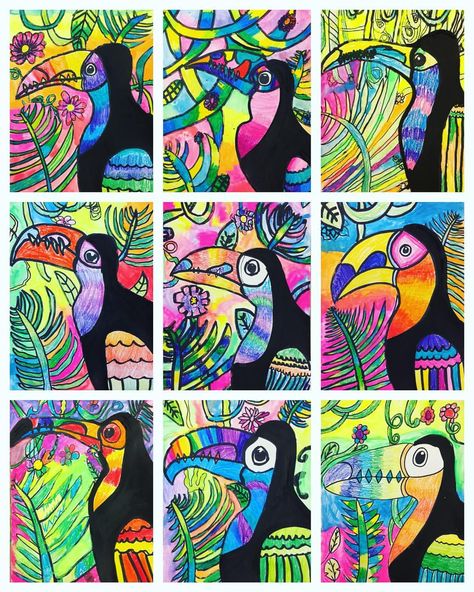 Katie Allain 🎨 on Instagram: “YOU GUYS!!! 😍😍😍 My third graders are AMAZING! @artforkidshub India Ink, Analogous Colors, Neon Temperas. SOOO GOOD! #SharksMakeArt” 3rd Grade Drawing Projects, Fourth Grade Art Lessons, Neon Art Projects Elementary, Monisorri Activities, Glow Gallery, Square 1 Art, Analogous Colors, Jungle Animal Art, Third Grade Art