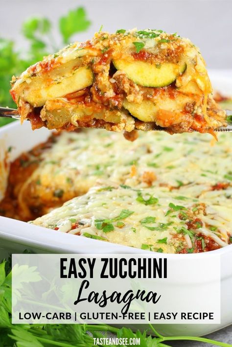 This Easy Zucchini Lasagna is a delicious and lighter take on the classic Italian dinner!  With sliced zucchini instead of lasagna noodles, a hearty meat sauce, a ricotta and Parmesan cheese mixture, and of course mozzarella cheese!  #zucchini #zucchininoodles #zucchinirecipes #glutenfreerecipes #lasagnarecipe #lowcarbrecipes #lowcarbmeal #TasteAndSee Easy Zucchini Lasagna, Lasagna Low Carb, Gluten Free Lasagna Noodles, Cheese Zucchini, Sliced Zucchini, Gluten Free Lasagna, Lasagna Noodles, Italian Dinner Recipes, Zucchini Lasagna