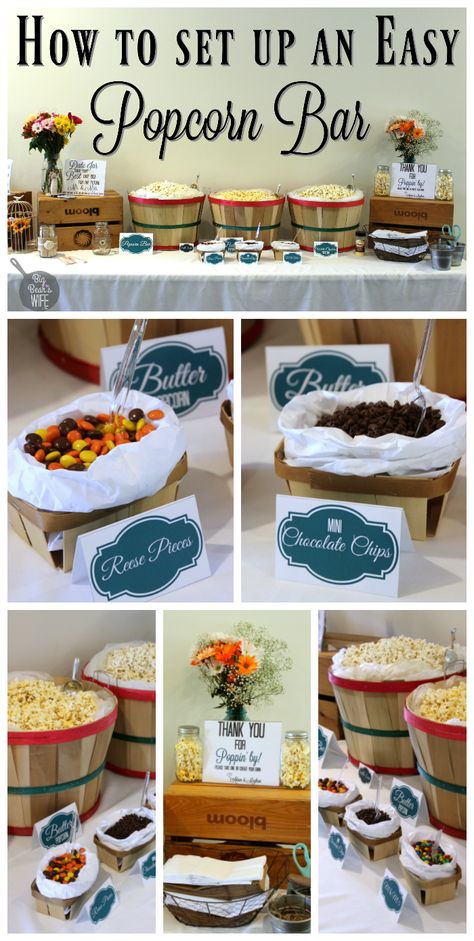 How to Set up a popcorn bar!! Conference Snacks Ideas, Easy Popcorn Bar, Popcorn Candy Bar, Popcorn Bar Toppings, Diy Popcorn Bar, Wedding Popcorn Bar, Party Food Bars, Easy Popcorn, Senior Party