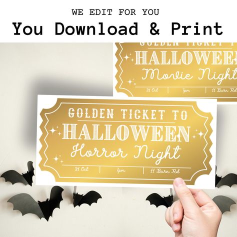 Golden Ticket Halloween Party Invitation Printable Horror Night Invite Halloween Horror Movie Ticket Gold Halloween Decor | WE EDIT For You by IkigaiPrintsCo on Etsy Gold Halloween Decor, Gold Halloween, Cheap Halloween Decorations, Movie Ticket, Halloween Horror Movies, Halloween Party Invitation, Cheap Halloween, Golden Ticket, Ticket Invitation