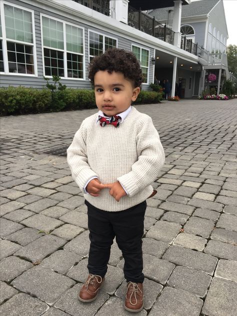 Fall wedding outfit for my handsome baby boy. H&M pants, white shirt. Carter's sweater, shoes. Children Place bow tie. Macy's brown belt. Toddler Boy Wedding Outfit Fall, Boys Church Outfit Kids, Little Boy Wedding Guest Outfit, Toddler Boy Holiday Photo Outfit, Baby Boy Wedding Guest Outfit, Toddler Boy Wedding Guest Outfit, Toddler Formal Outfit Boys, Kids Holiday Outfits Boys, Toddler Boy Church Outfit