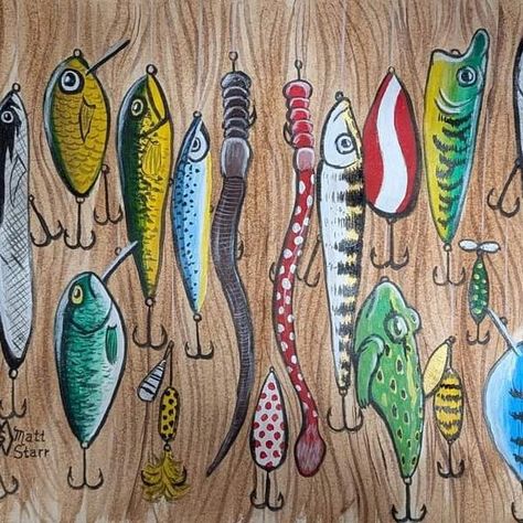 I am excited to share my new 9” x 12” acrylic painting of some fishing lures, crankbait, spoons, rooster tails and plastic worms hanging by line next to a wood paneling wall. My love to go fishing was my inspiration for this painting. My Granddad had good luck in landing big bass with a similar red plastic worm with white spots.  I appreciate your feedback and sharing my art with others. prints/products:  https://www.redbubble.com/shop/ap/163398005 . . . #mattstarrfineart #artistic #paint... Fishing Lures Art, Plastic Worms, Rooster Tail, Fishing Supplies, Wood Panel Walls, Fish Painting, Going Fishing, Fishing Lures, Custom Paint