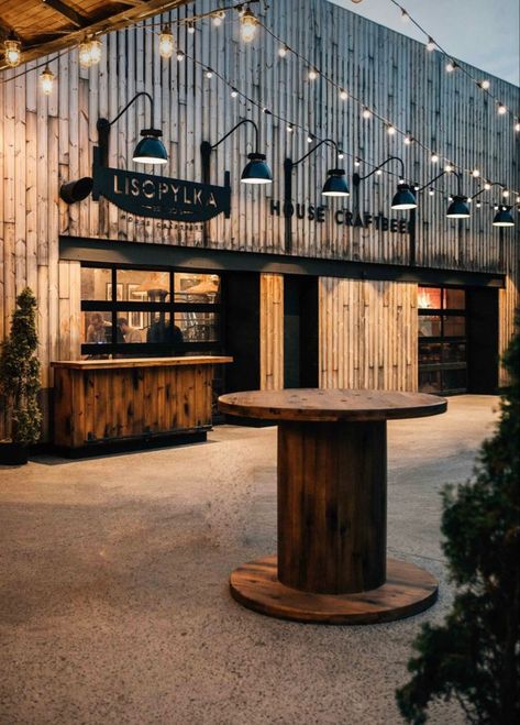 Bbq Restaurant Design, Brewery Interior Design, Industrial Restaurant Design, Warehouse Cafe, Brewery Interior, Barn Cafe, Outdoor Restaurant Patio, Restaurant Exterior Design, Brewery Design