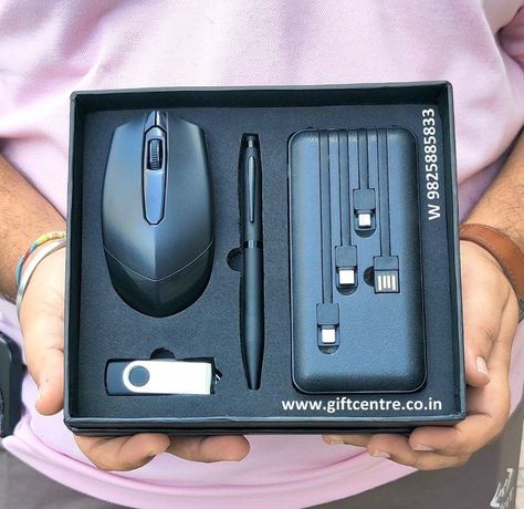 4 in 1 corporate gift set, mouse, pen, usb and powerbank in premium gifting box. available in giftcentre shanti tower, manekbaug brts bus stop, nehru nagar, ambawadi, ahmedabad #Giftcentre, #Corporategift, #Prmiumgift Small Business Plan Ideas, Creative Corporate Gifts, Corporate Diwali Gifts, Company Swag, Corporate Giveaways, Corporate Christmas Gifts, Gift Sets For Women, Christmas Packaging, Doctor Gifts