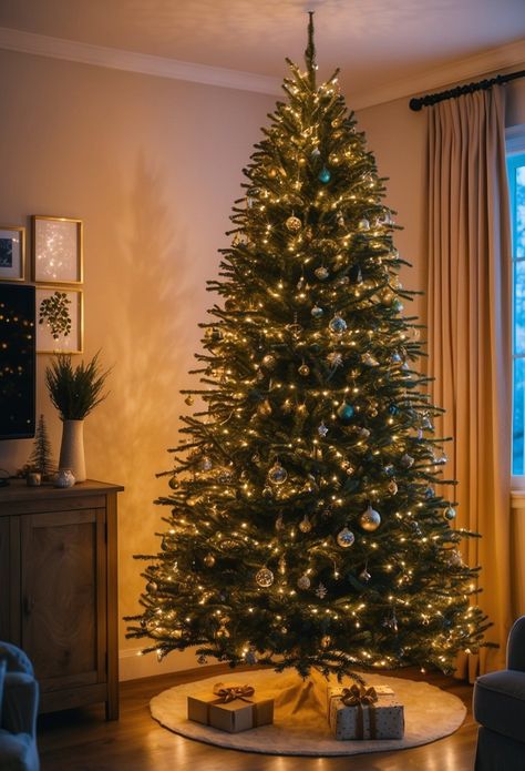 Elegant 10 Ft Christmas Tree with gold and silver ornaments, Traditional Tree Decorations, warm white lights, and presents underneath Christmas Tree Gold Decorations, 10 Ft Christmas Tree, Cold Christmas Aesthetic, Christmas Aesthetic Decor, Minimal Christmas Tree, Metallic Ornaments, Gold Lights, Christmas Tree Gold, Cold Christmas