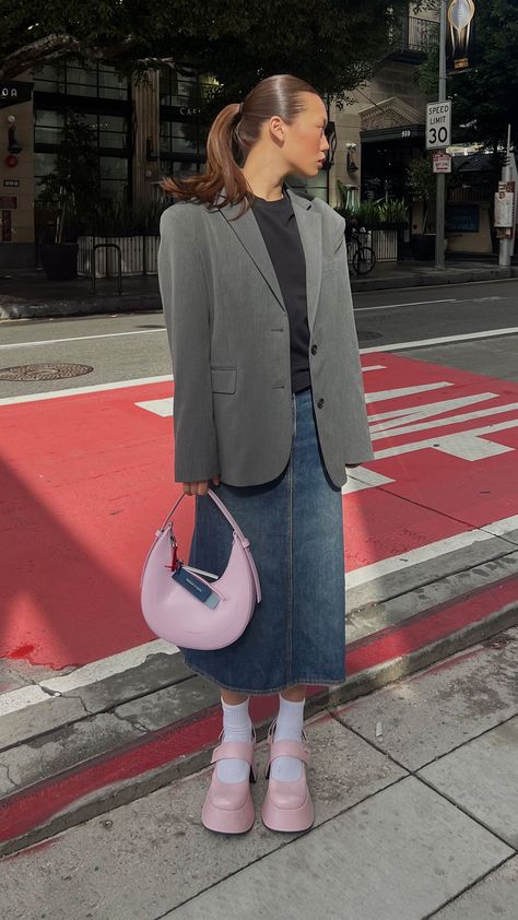 Put together a sleek and structured Lunar New Year look like Kendall Dair does, who injects fun into her outfit with the Rubina slingback Mary Janes and Cockade crescent hobo bag.

#CharlesKeithCelebrates
#CharlesKeithSS23
#ImwithCharlesKeith Gray Skirt Outfit Winter, Denim Blazer Outfit, Hobo Bag Outfit, Gray Skirt Outfit, Grey Blazer Outfit, Blazer With Skirt, Denim Midi Skirt Outfit, Lunar New Year 2023, Midi Skirt Y2k