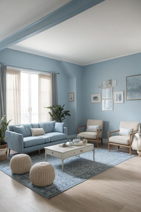 Sky Blue Living Room, Room With White Furniture, Duck Egg Living Room, Gray Accent Wall Bedroom, Living Room Fort, Blue Grey Living Room, Nordic Pastel, Grey Walls Living Room, Grey Accent Wall