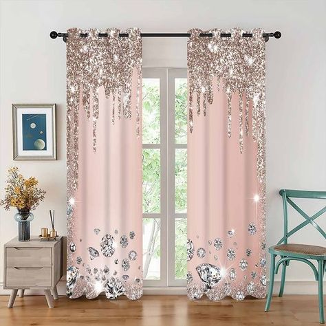 PRICES MAY VARY. High-quality Material: Our window curtains are made of 100% polyester, the package includes 2 single-sided printed blackout curtains, the size of each curtain is 52" wide x 63" length. The cortinas fabric is environmentally friendly, breathable, durable, anti-wrinkle, soft to the touch, full of drape, and does not contain chemical coatings, curtains are healthier and safer to use. Grommet Design: There are multiple silver grommets on the top of each cortinas panel. The inner dia Tropical Curtains, Pink Curtains, Curtain Room, Inspire Me Home Decor, Sparkling Diamond, Decoration Inspiration, Printed Curtains, Cute Room Decor, Rose Lights