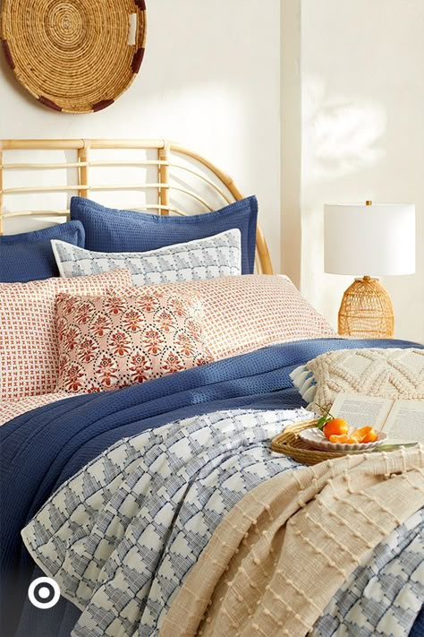 Bedroom ideas for a quick decor refresh? Add pops of pattern, textures & expressive colors that take inspiration from your personal style. Colorful Boho Dorm Room, Dorm Room Coastal, Greek Bedroom Ideas, Blue Comforter Bedroom Ideas, Colorful Master Bedrooms Decor, Colorful Guest Bedroom, Colorful Bedroom Ideas For Adults, Coastal Guest Room, Home Decor Bedroom Ideas