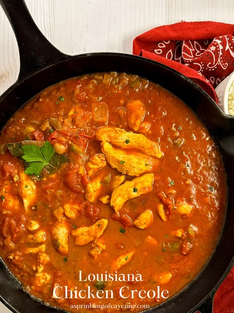 The personal recipe of a south Louisiana native, this chicken Creole features mesmerizing layered flavors and textures that literally flavor-pop on different areas of your tongue simultaneously. One of the easiest regional recipes to master, this dish is ready in just over one hour and does not require a roux, just browned veggies. #chickencreole #creolechicken #LouisianaCreolerecipes #Creolerecipes #Louisianarecipes #LouisianaCreole Chicken Creole Recipe, Chicken Creole, Louisiana Chicken, Creole Chicken, Louisiana Dishes, Regional Recipes, Creole Sauce, Cajun Dishes, Cajun Creole Recipes