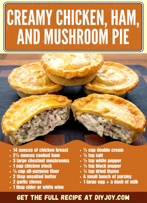 Easy Creamy Chicken, Ham, and Mushroom Pie Recipe via @diyjoycrafts Creamy Chicken Pie Recipe, Chicken And Ham Pie, Mushroom Pie Recipe, Creamy Chicken Pie, Easy Creamy Chicken, Chicken And Mushroom Pie, Chicken Pie Recipe, Catering Food Displays, British Cooking