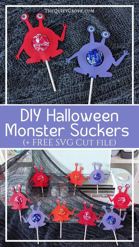 Are you looking for an easy and fun last minutes Halloween Craft/treat? Check out these DIY Halloween Monster Suckers (+ FREE SVG Cut file) #CricutMade #CricutCreated #CricutHalloweenDIY #HalloweenCraft #HalloweenTreat Sucker Holder Svg, Halloween Craft Treats, Sucker Holder, Halloween Treats To Make, Family Halloween Party, Perfect Halloween Party, Fun Halloween Treats, Halloween Party Treats, Monster Craft