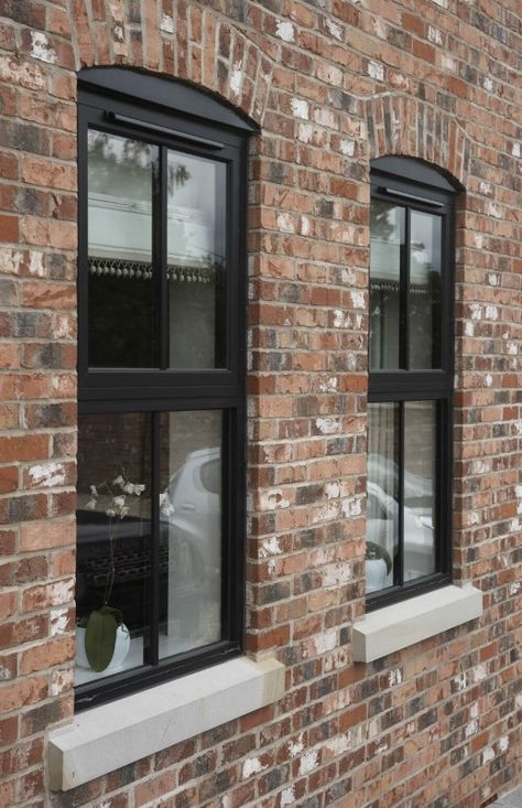 aluminium-casement-windows Black Outside Windows, Black Crittal Windows, Black Window Brick House, Black Windows Exterior Red Brick, Red Brick Windows, Brick House Window Trim, Black Windows Brick Exterior, Black Windows On Red Brick House, Red Brick House Windows